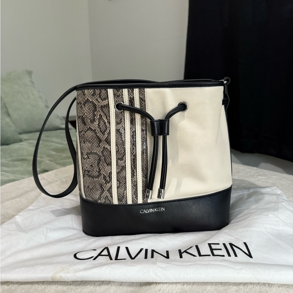 Calvin Klein Black and Cream Shoulder Bag with Drawstring Detail